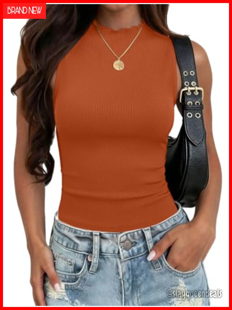 Sleeveless Mock Neck Ribbed Tank Top Lettuce Trim Slim Fit